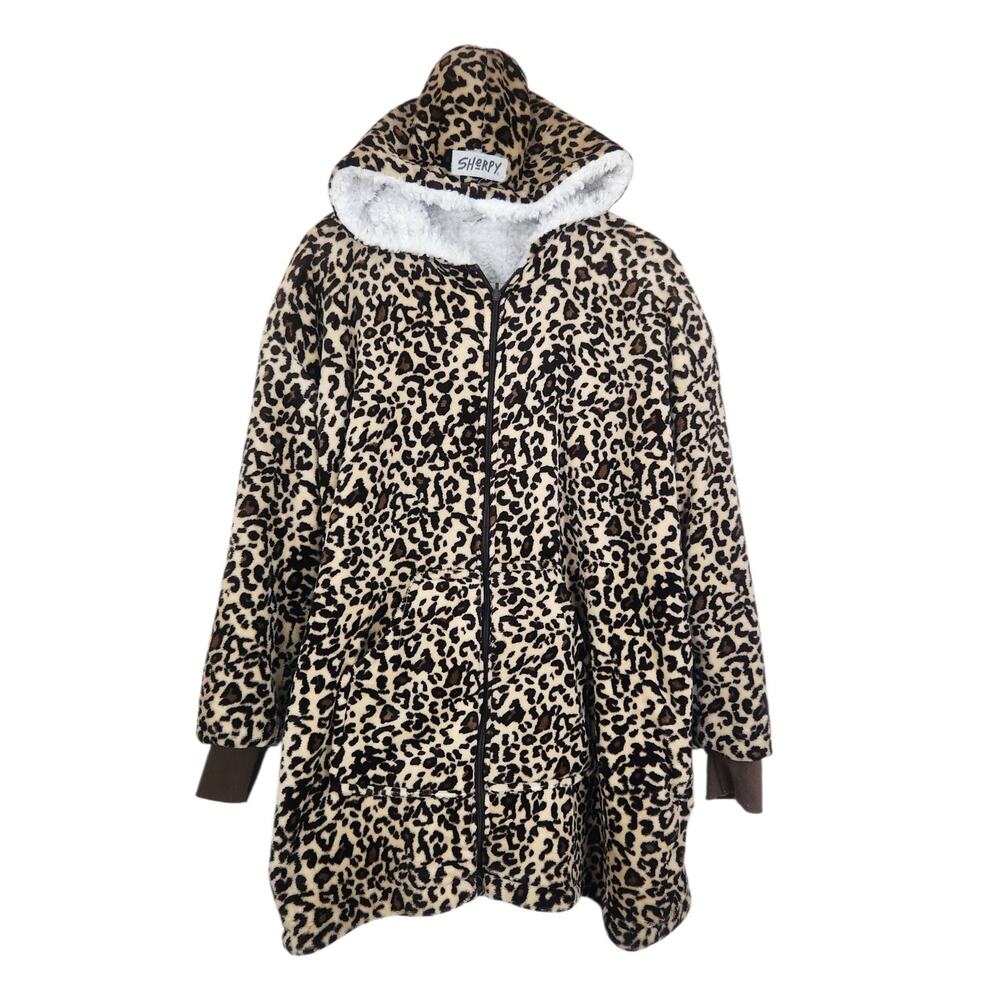 Sherpy Blanket Hoodie ONE SIZE 1/4 Zip Lounge Robe Leopard Print Sherpa Lined